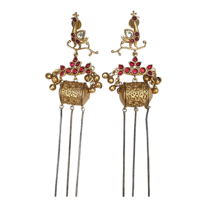 Kashmiri Long Dangler Earrings for Women – Traditional Brass Jhumka with Chains & Red Stones