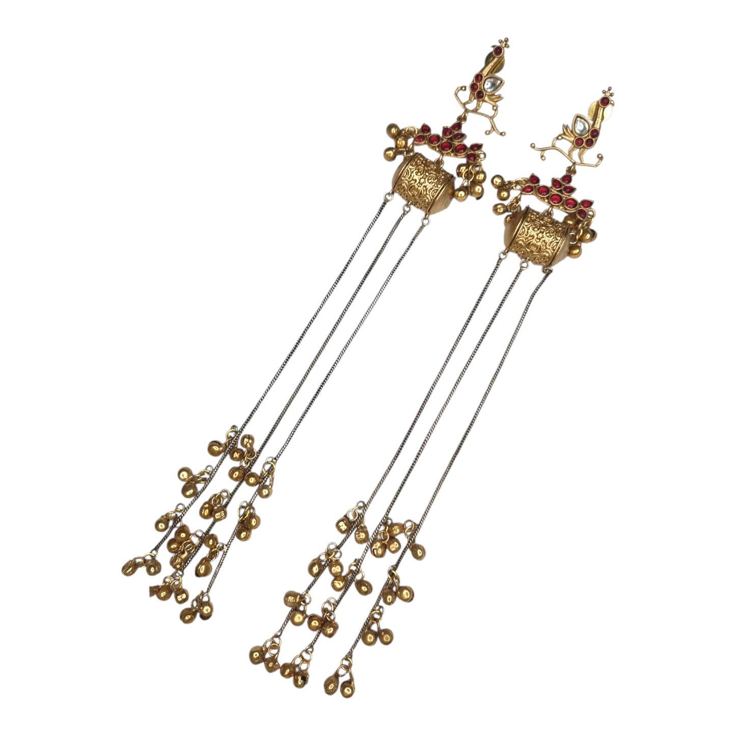Kashmiri Long Dangler Earrings for Women – Traditional Brass Jhumka with Chains & Red Stones