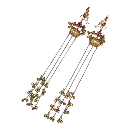 Kashmiri Long Dangler Earrings for Women – Traditional Brass Jhumka with Chains & Red Stones