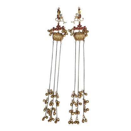 Kashmiri Long Dangler Earrings for Women – Traditional Brass Jhumka with Chains & Red Stones