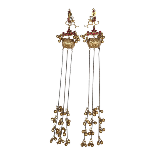 Kashmiri Long Dangler Earrings for Women – Traditional Brass Jhumka with Chains & Red Stones