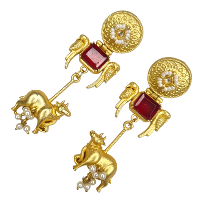 kashmiri earring inspired cow motif brass earrings for women – red stone and pearl beads