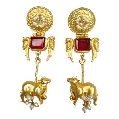 kashmiri earring inspired cow motif brass earrings for women – red stone and pearl beads