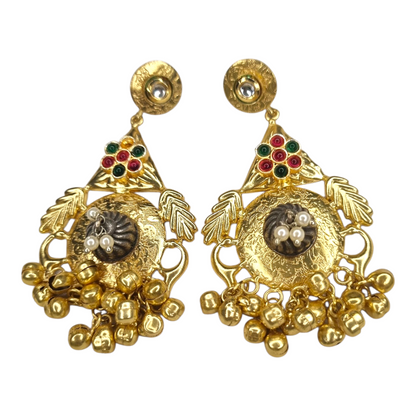 Traditional brass earrings for women – antique gold with multi-color stones and hanging beads