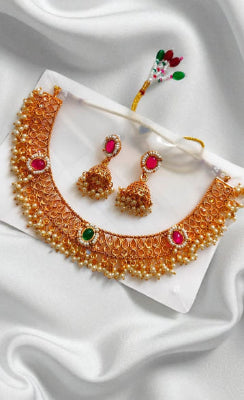 Sajobhi Ruby-Green Pearl Kundan Necklace Set