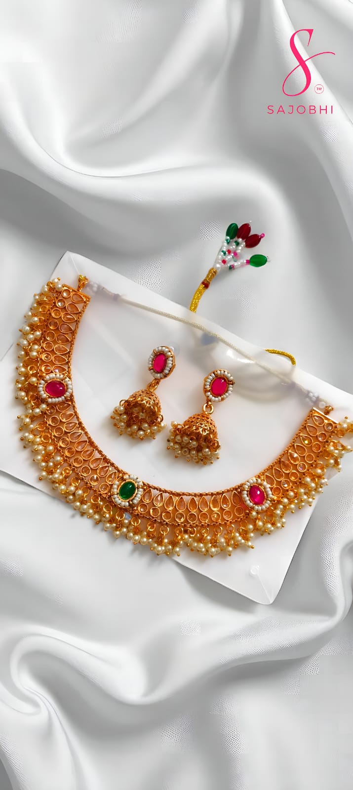 Sajobhi Ruby-Green Pearl Kundan Necklace Set