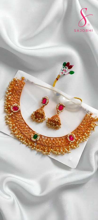 Sajobhi Ruby-Green Pearl Kundan Necklace Set